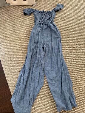 American Eagle Outfitters Off-the-Shoulder Wide-Leg Jumpsuit in Slate Blue